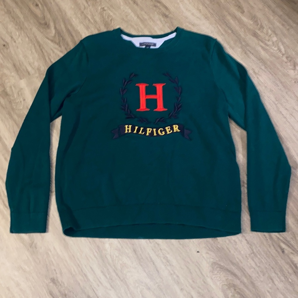 Tommy Hilfiger Green Crewneck Sweater with Red H and Yellow Logo